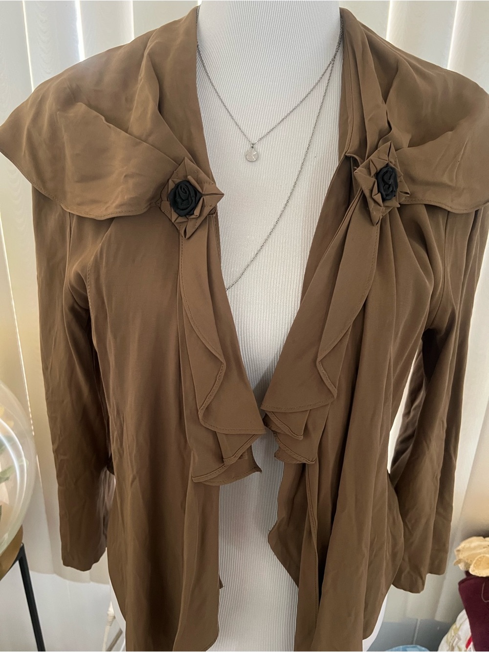 Wild Rose Olive Brown Ruffle-Front Blazer with Black Rosette Accents